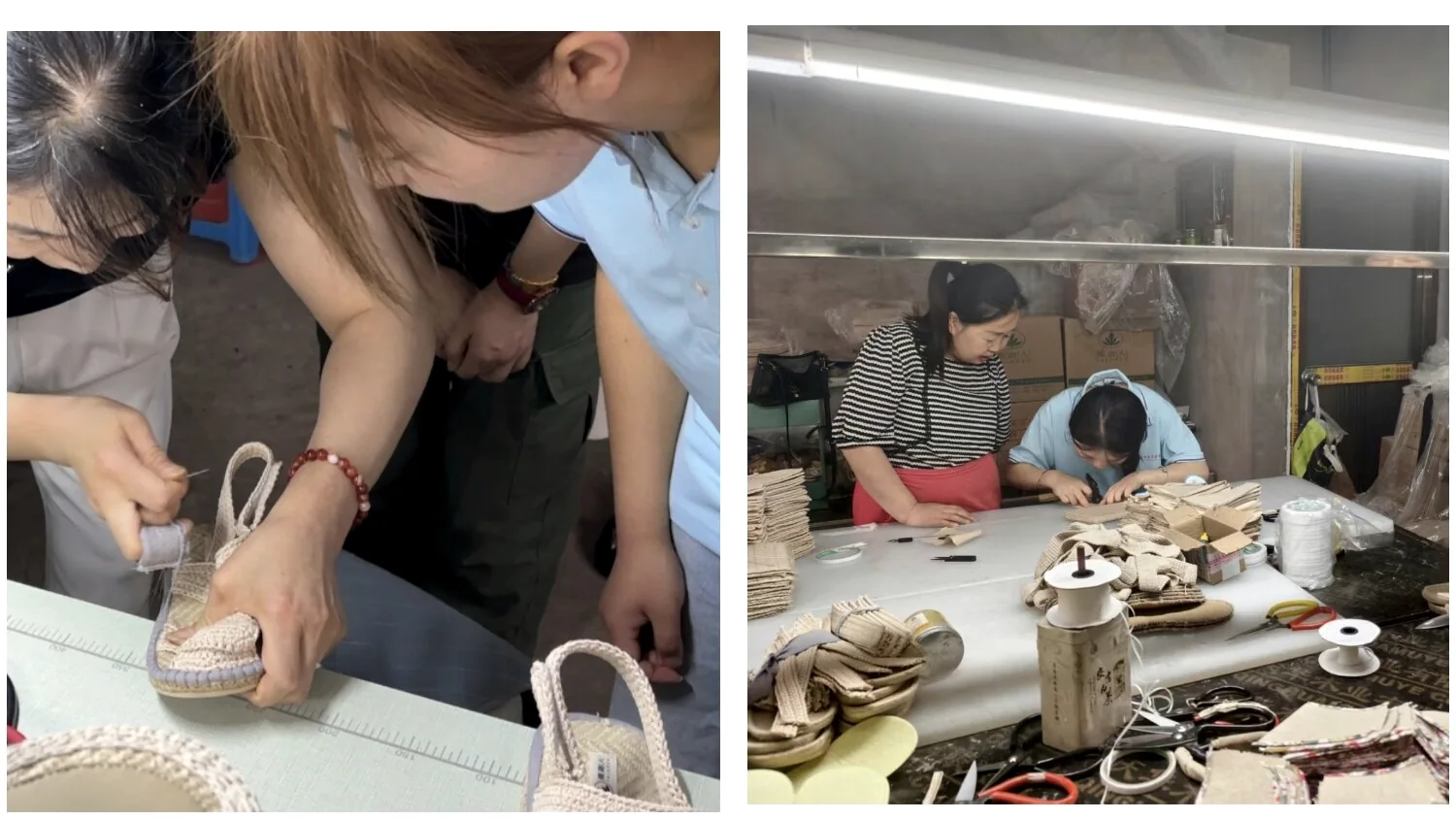 用户提供的麻鞋制作与试穿照片拼图